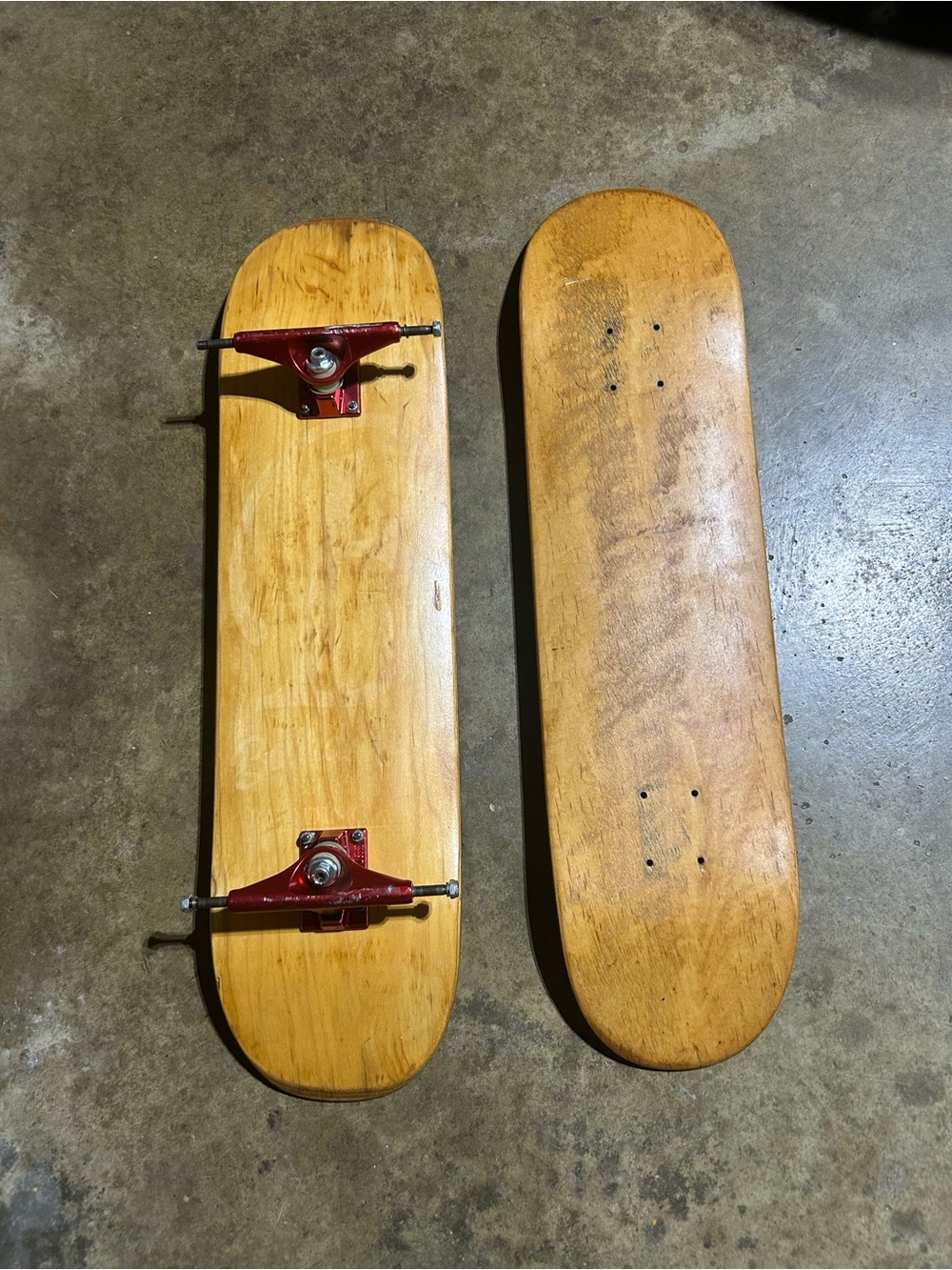 Lot of 2 Refurbished Skateboard Decks w/ Set of Red Venture Trucks and New Grip